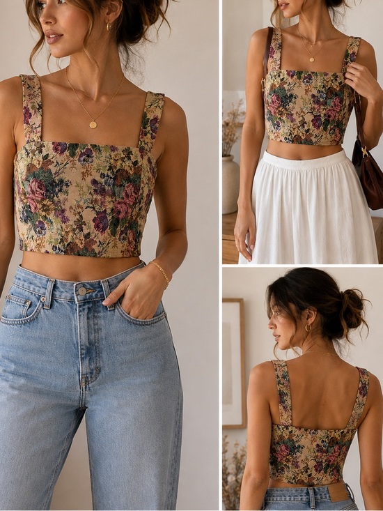 ROMWE Tops - Romwe Floral Tapestry Corset Crop Top Small – Vintage Boho Cottagecore